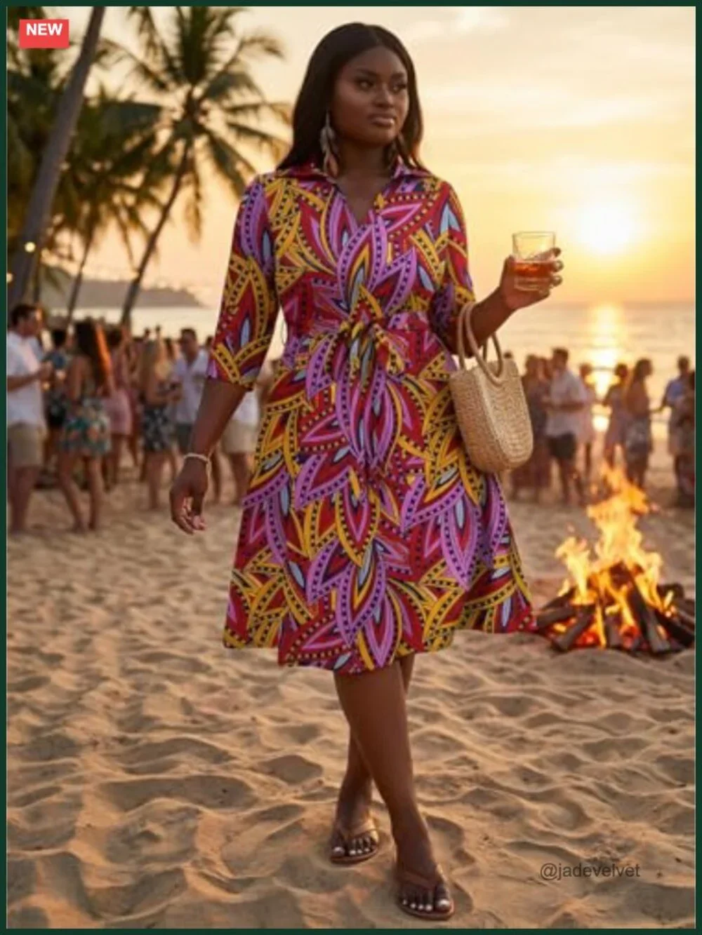Plus Size African Print Midi Dress with Pockets and Belt